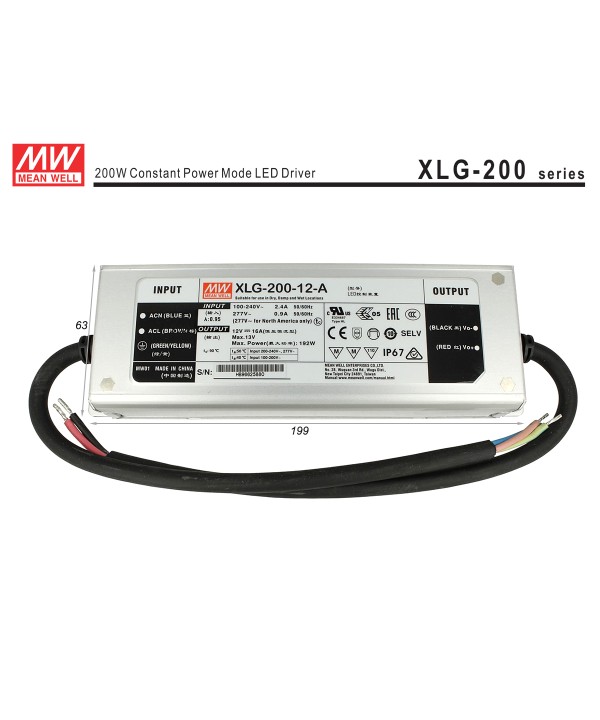 Alimentatore Trasformatore MeanWell Impermeabile IP67 12V 192W 16A XLG-200-12-A
