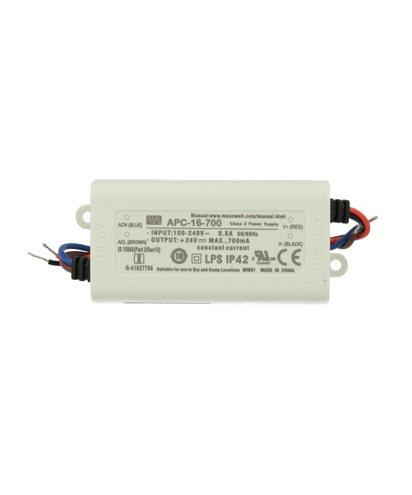 Led Driver CC MeanWell APC-16-700 Trasformatore 700mA 9V-24V DC 16W Corrente Costante IP42