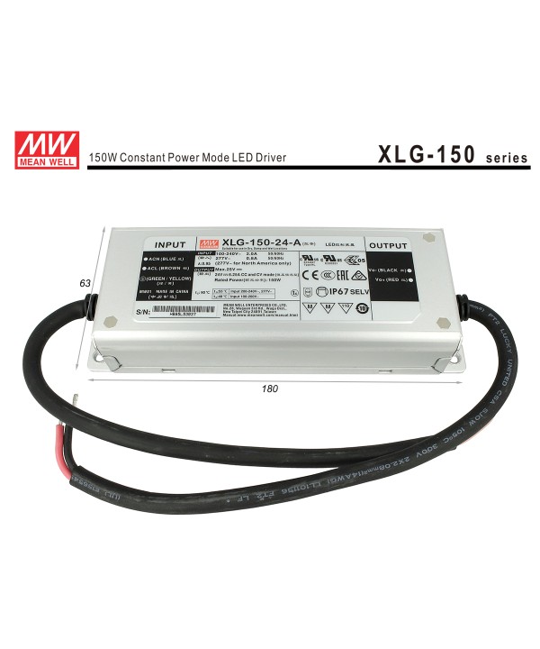 Alimentatore Trasformatore MeanWell Impermeabile IP67 24V 150W 6,25A XLG-150-24-A