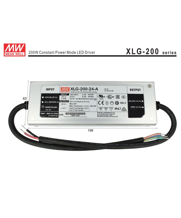 Alimentatore Trasformatore MeanWell Impermeabile IP67 24V 200W 8,3A XLG-200-24-A