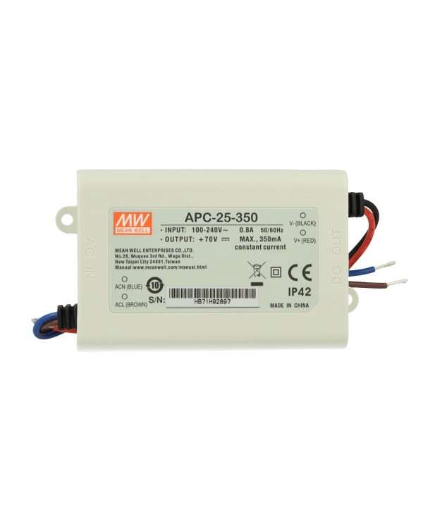 Led Driver CC MeanWell APC-25-350 Trasformatore 350mA 25V-70V DC 25W Corrente Costante IP42