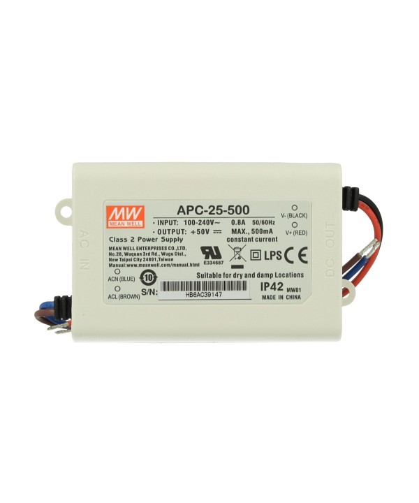 Led Driver CC MeanWell APC-25-500 Trasformatore 500mA 15V-50V DC 25W Corrente Costante IP42
