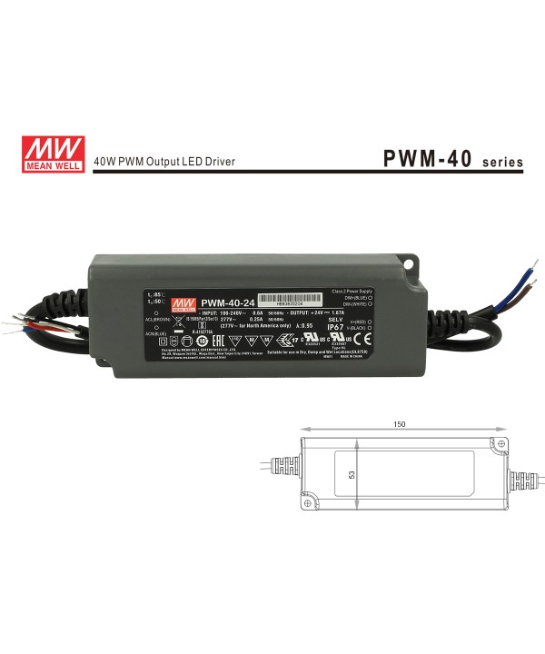 Alimentatore Led Meanwell PWM-40-24 Dimmerabile 40W 24V IP67 Dimming 3 in 1 0-10V 10V PWM Resistance