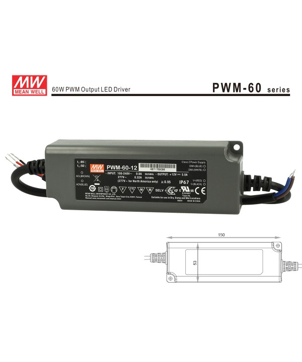 Alimentatore Led Meanwell PWM-60-12 Dimmerabile 60W 12V IP67 Dimming 3 in 1 0-10V 10V PWM Resistance