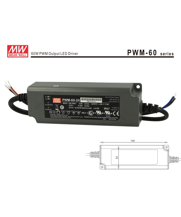 Alimentatore Led Meanwell PWM-60-24 Dimmerabile 60W 24V IP67 Dimming 3 in 1 0-10V 10V PWM Resistance
