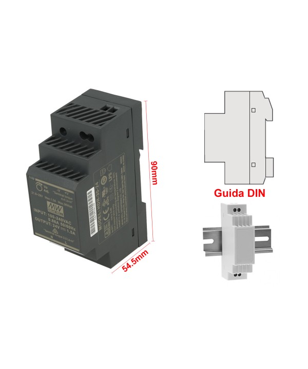 MeanWell HDR-30-24 Trasformatore Rotaia Industriale 24V 36W 1,5A Barra Guida DIN Rail Power Supply Universale