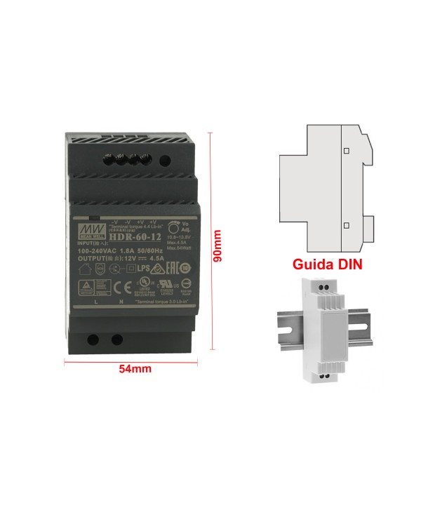 MeanWell HDR-60-12 Trasformatore Rotaia Industriale 12V 54W Barra Guida DIN Rail Power Supply Universale