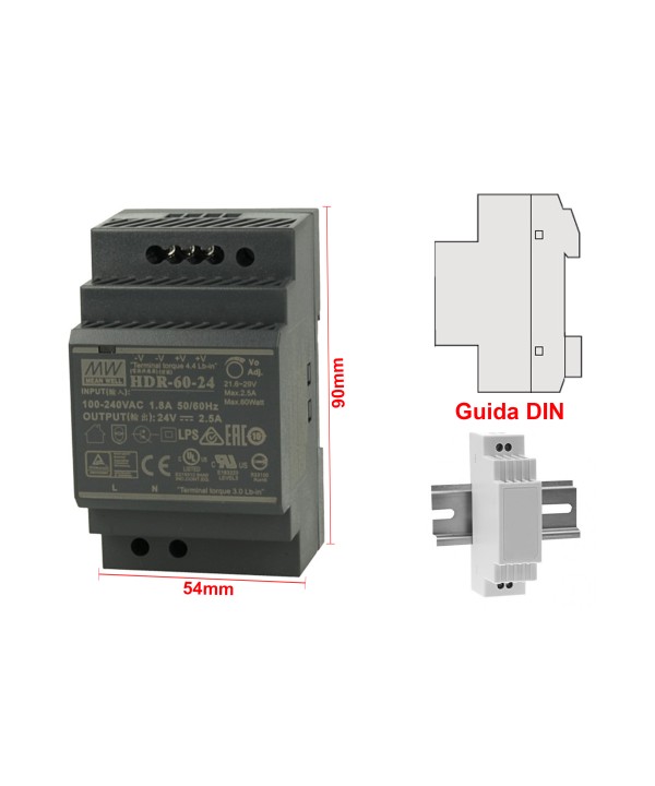 MeanWell HDR-60-24 Trasformatore Rotaia Industriale 24V 60W Barra Guida DIN Rail Power Supply Universale