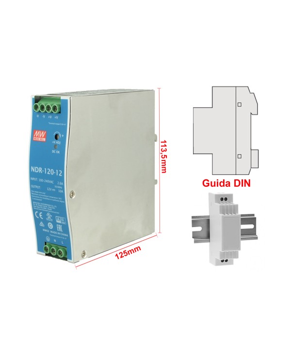 MeanWell NDR-120-12 Trasformatore Rotaia Industriale 12V 120W 10A Barra Guida DIN Rail Power Supply Input 220V 110V