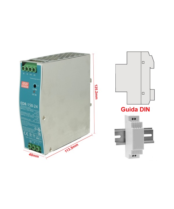 MeanWell EDR-150-24 Trasformatore Rotaia Industriale 24V 156W 6,5A Barra Guida DIN Rail Power Supply Universale