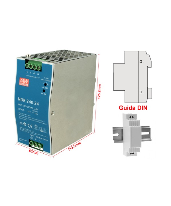 MeanWell NDR-240-24 Trasformatore Rotaia Industriale 24V 240W 10A Barra Guida DIN Rail Power Supply Input 220V 110V