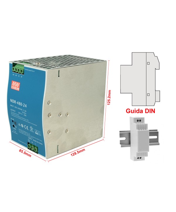 MeanWell NDR-480-24 Trasformatore Rotaia Industriale 24V 480W 20A Barra Guida DIN Rail Power Supply Input 220V 110V