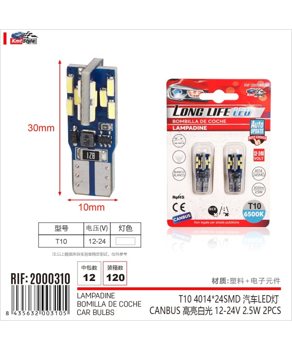 8pcs Lampada Led T10 W5W 194 168 24 SMD 4014 Luce Auto Camion 12V 24V Canbus 1.5W 100lm 25mm Bianco Freddo 6500K