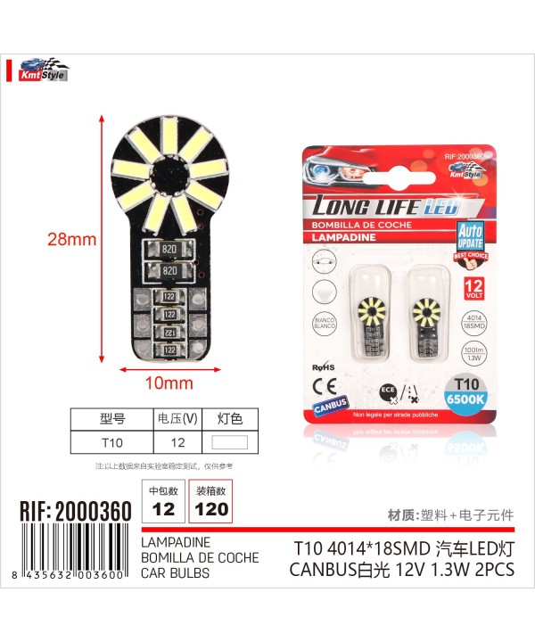 8pcs Lampadine LED W5W T10 Canbus 18 SMD 4014 12V 1.3W 100lm Bianco Freddo 6500K 28mm