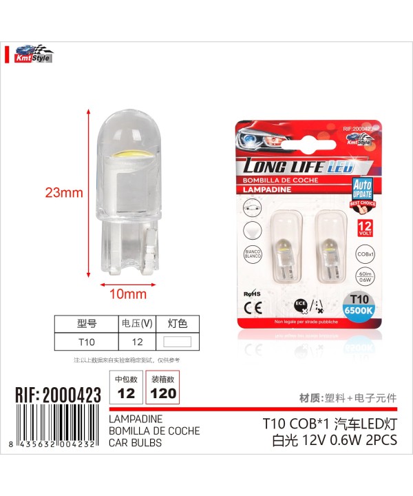 8 Pezzi Lampada Led T10 W5W 1 COB 12V 0.6W 60lm Bianco Freddo 6500K 23mm