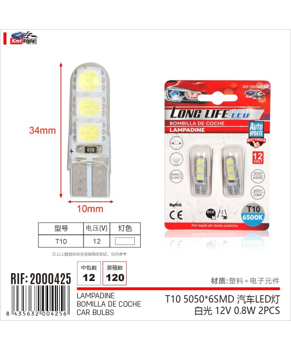 8 Pezzi Lampada Led T10 W5W 6 SMD 5050 12V 0.8W 60lm Bianco Freddo 6500K 34mm
