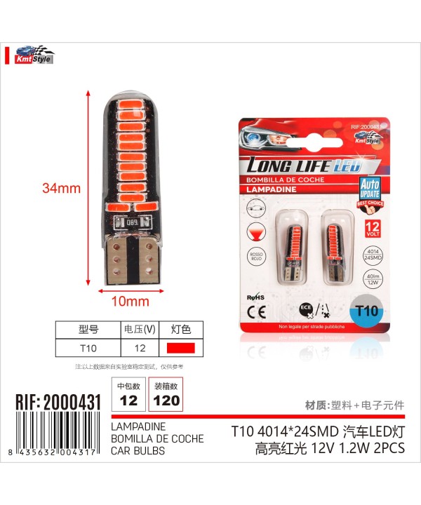 8 Pezzi Lampada Led T10 W5W 24 SMD 4014 12V 1.2W 40lm Luce Colore Rosso 34mm