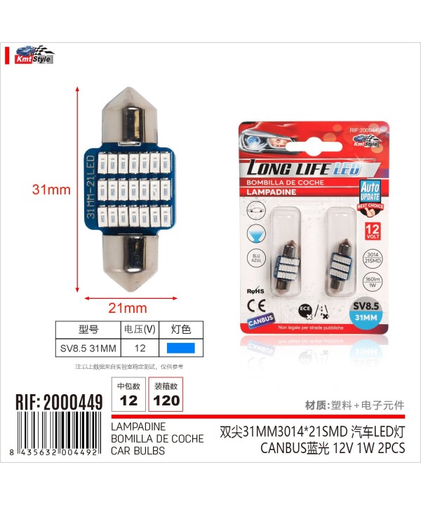 8 Pezzi Lampada Led Siluro 31mm Canbus T11 SV8.5 C5W C10W 21 SMD 3014 12V 1W 160lm Luce Colore Blu