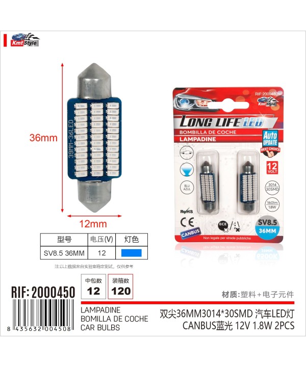 8 Pezzi Lampada Led Siluro 36mm Canbus T11 SV8.5 C5W C10W 30 SMD 3014 12V 1.8W 160lm Luce Colore Blu