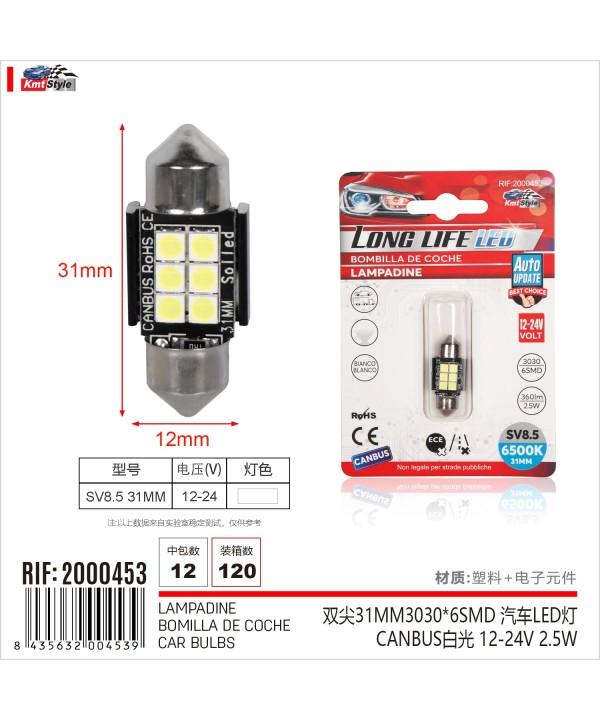4 Pezzi Lampada Led Siluro 31mm Canbus T11 SV8.5 C5W C10W 6 SMD 3030 12V 24V 2.5W 360lm Bianco 6500K per Auto e Camion