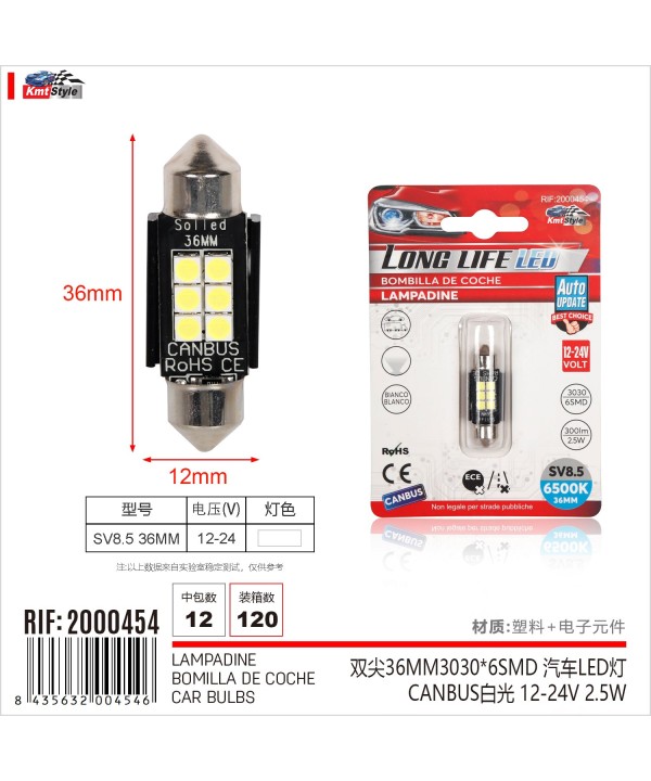4 Pezzi Lampada Led Siluro 36mm Canbus T11 SV8.5 C5W C10W 6 SMD 3030 12V 24V 2.5W 300lm Bianco 6500K per Auto e Camion