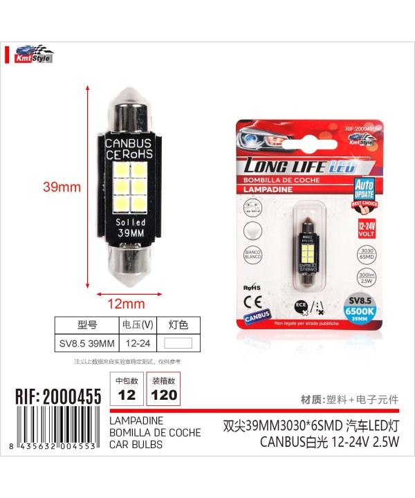 4 Pezzi Lampada Led Siluro 39mm Canbus T11 SV8.5 C5W C10W 6 SMD 3030 12V 24V 2.5W 300lm Bianco 6500K per Auto e Camion