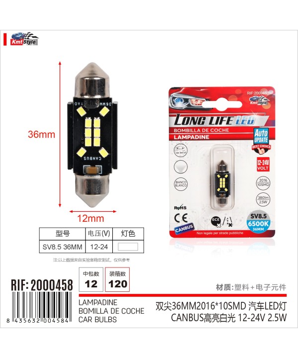 4 Pezzi Lampada Led Siluro 36mm Canbus T11 SV8.5 C5W C10W 10 SMD 2016 12V 24V 2.5W 380lm Bianco 6500K per Auto e Camion