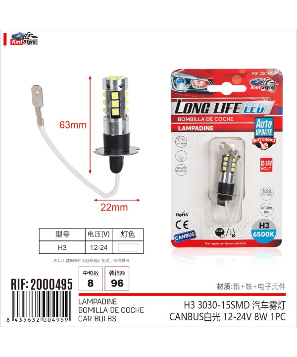 2 Pezzi Lampada Led H3 PK22s 12V 24V 15 SMD 3030 400lm 8W Bianco Freddo 6500K per Fendinebbia 63mm