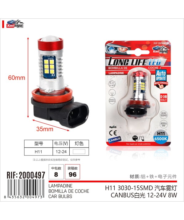 2 Pezzi Lampada Led H11 12V 24V 15 SMD 3030 400lm 8W Bianco Freddo 6500K per Fendinebbia 60mm