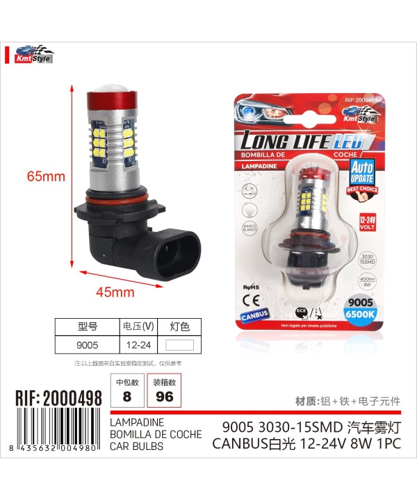 2 Pezzi Lampada Led HB3 9005 12V 24V 15 SMD 3030 400lm 8W Bianco Freddo per Fendinebbia H60mm