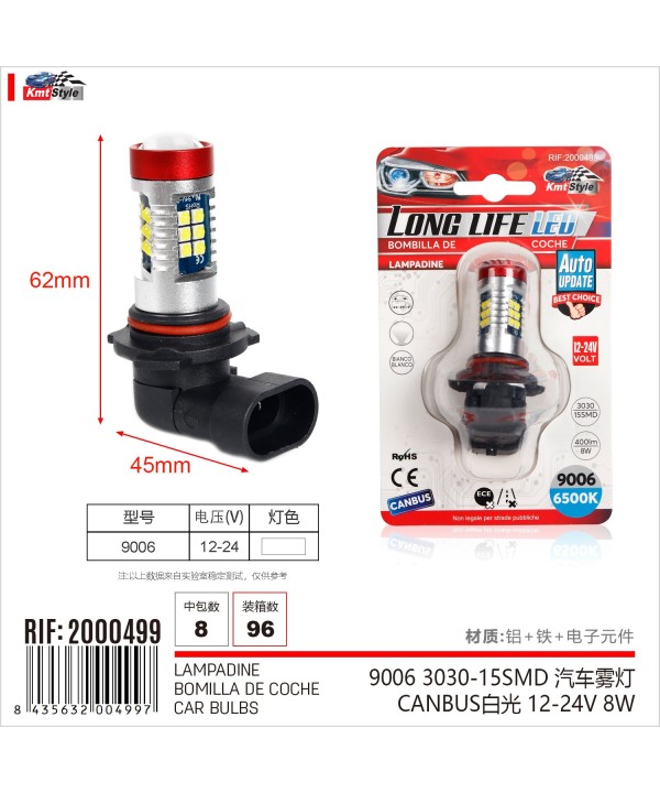 2 Pezzi Lampada Led HB4 9006 12-24V 15 SMD 3030 400lm 8W Bianco Freddo per Fendinebbia H62mm 360 gradi