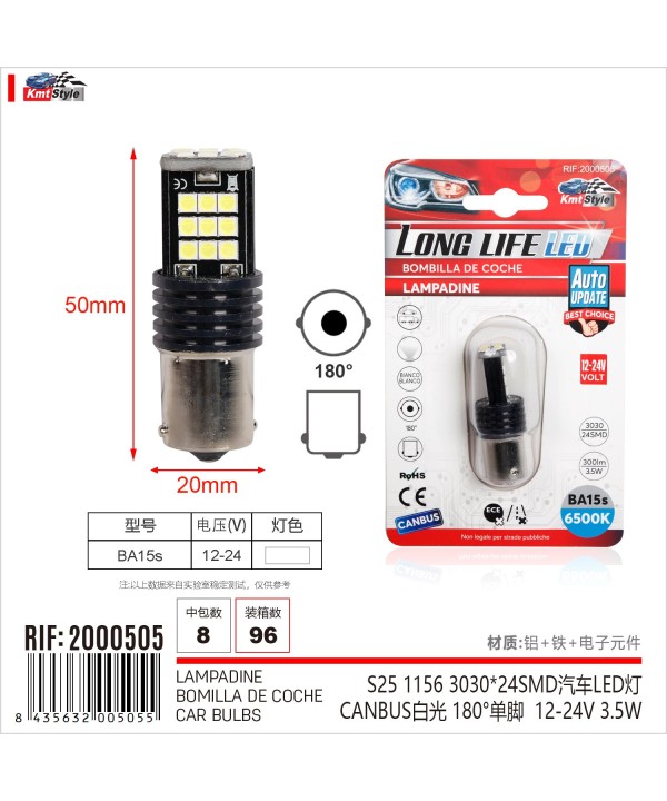 2 Pezzi Lampada Led BA15s S25 P21W 24 SMD 3030 12V 24V 300lm 3.5W Bianco Freddo Piedi Dritti H50mm