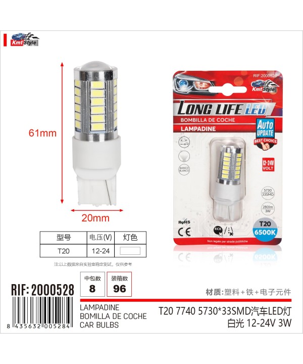 2 Pezzi Lampada Led T20 7440 W21W 33 SMD 5730 12V 24V 280lm 3W Luce Bianco Freddo Compatibile con Auto e Camion 61mm
