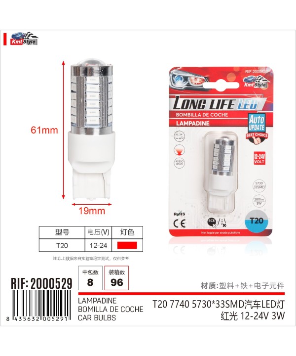 2 Pezzi Lampada Led T20 7440 W21W 33 SMD 5730 12V 24V 280lm 3W Luce Rosso Compatibile con Auto e Camion 61mm