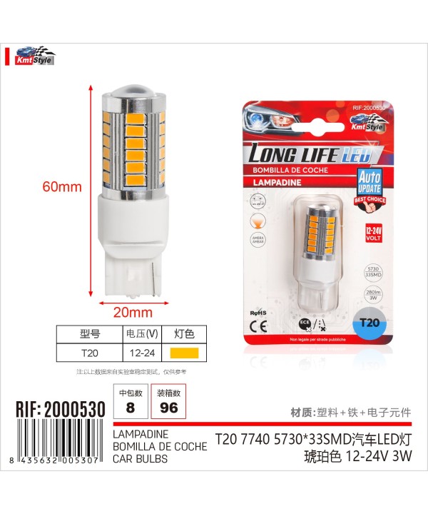 2 Pezzi Lampada Led T20 7440 W21W W21YW 33 SMD 5730 12V 24V 280lm 3W Luce Ambra Compatibile con Auto e Camion 61mm