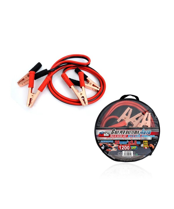 Kit Cavi Per Avviamento Batteria 1200 Ampere Per Soccorso Emergenza Auto Moto Sezione Rame 25mmq 2,5 Metri