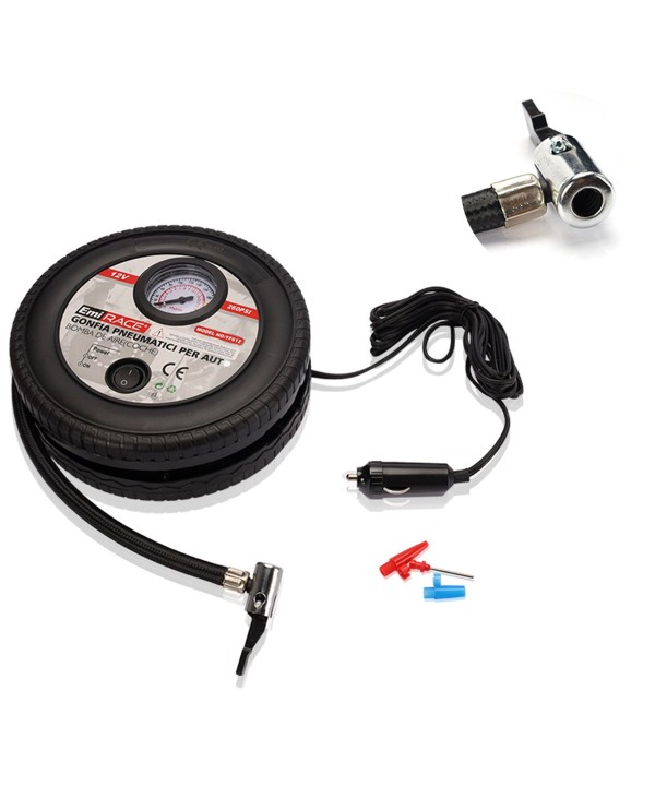 Mini Compressore Portatile per Auto Gonfia Pneumatici Auto Portatile 12V Professionale Manometro Analogico