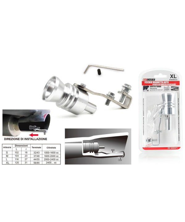 Fischietto Marmitta Auto Effetto Turbo Sound Size XL Per Terminali Di Scarico Da 56mm A 85mm
