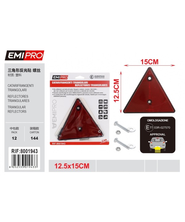 Catarifrangente Triangolo Rosso Multiuso per Auto Camion Barca Camper Omologato E11 03R 027570 Misura 12.5 x 15cm Montaggio a Vite