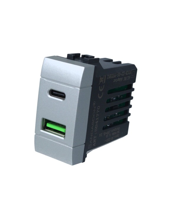 SANDASDON Modulo Presa Caricatore USB 2 Porte 3,1A USB-A + USB Type C Grigio Compatibile Con Bticino Living