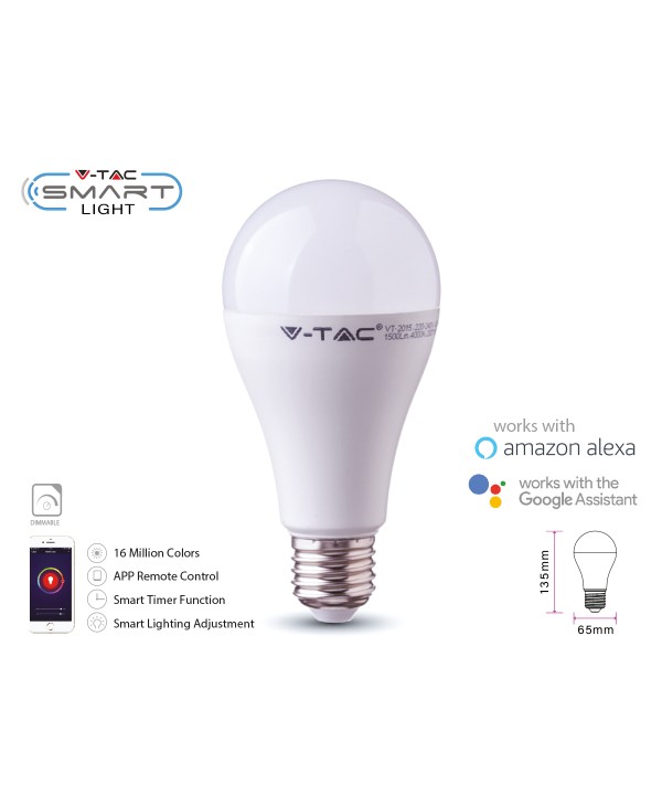 V-TAC Smart Lampada Led Bulb E27 A65 15W WiFi RGB CCT Dimmerabile APP Compatible Amazon Alexa Google Home SKU-2753
