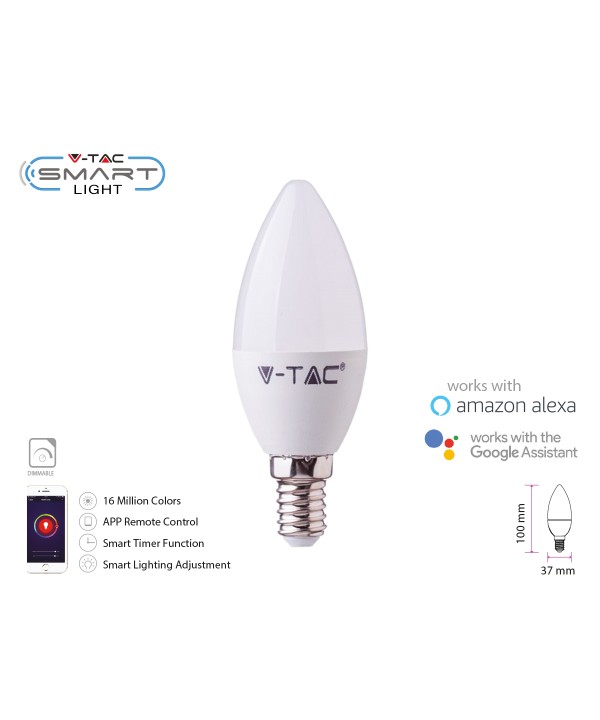 V-TAC Smart Lampada Led Candela E14 C37 4,5W WiFi RGB CCT Dimmerabile APP Compatible Amazon Alexa Google Home SKU-2754
