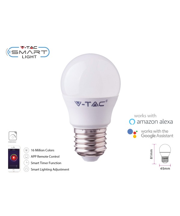 V-TAC Smart Lampada Led Bulb E27 G45 4,5W WiFi RGB CCT Dimmerabile APP Compatible Amazon Alexa Google Home SKU-2755