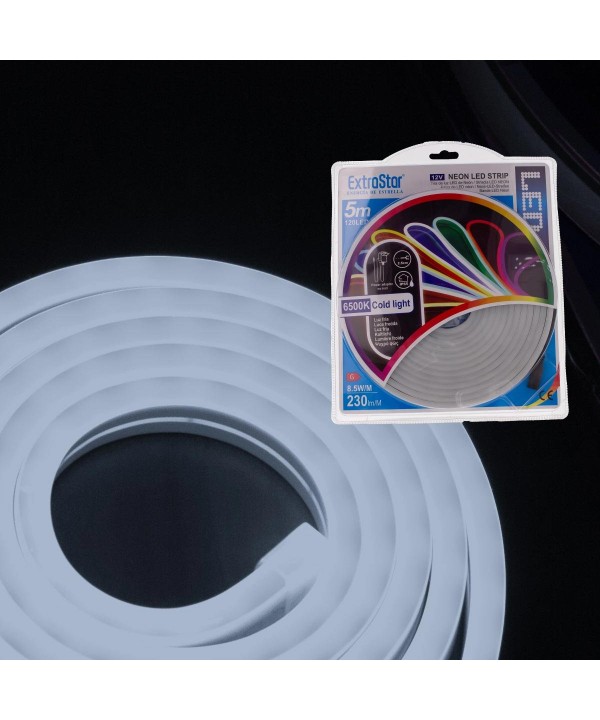 STRISCIA LED NEON 5M 8.5W/M 12V 120LED Modellabile e Tagliabile  IP65 Impermeabile 6500K Bianco FREDDO Angolazione Luce 120