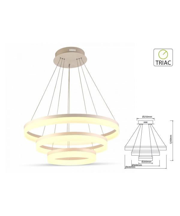 Lampada Led A Sospensione Rotonda Tripli Anelli Diametro 600mm 400mm 200mm 3000K 80W Dimmerabile Triac Dimmer SKU-3906
