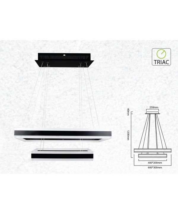 Lampada Led A Sospensione Rettangolare Colore Nero Doppio Anello 600X300mm 400X200mm 3000K 100W Dimmerabile Triac Dimmer SKU-3987