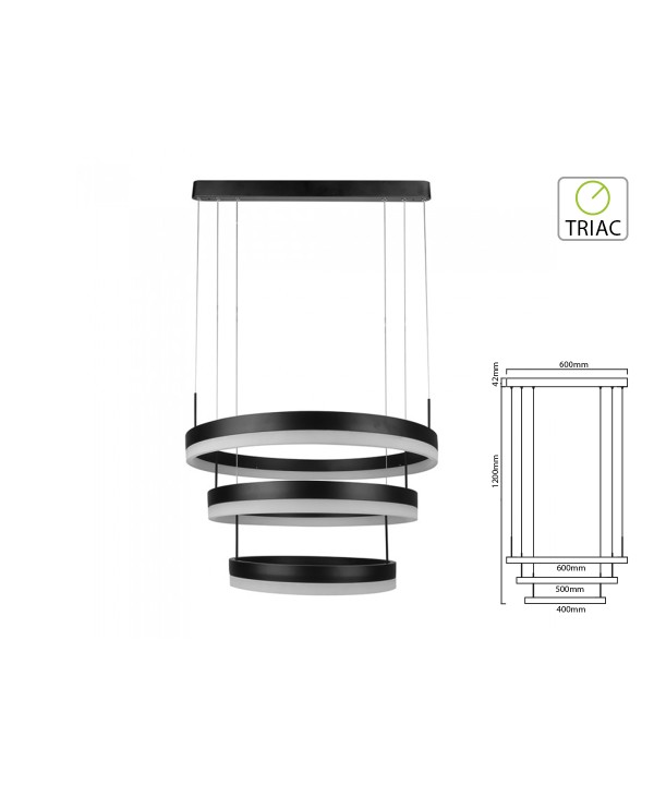 Lampada Led A Sospensione Rotonda Colore Nero Tripli Anelli Diametro 600mm 500mm 400mm 3000K 80W Dimmerabile Triac Dimmer SKU-3990