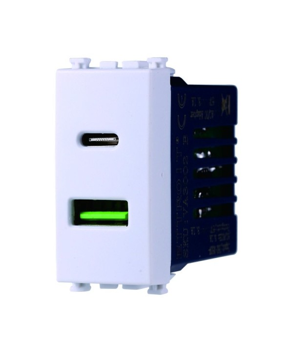 ETTROIT Modulo Presa Caricatore USB 2 Porte 3,1A USB-A + USB Type C Colore Bianco Compatibile Con Vimar Arkè