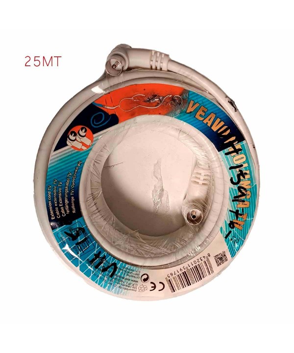 Cavo Antenna TV Coassiale Maschio Femmina 25 metri Angolo Retto