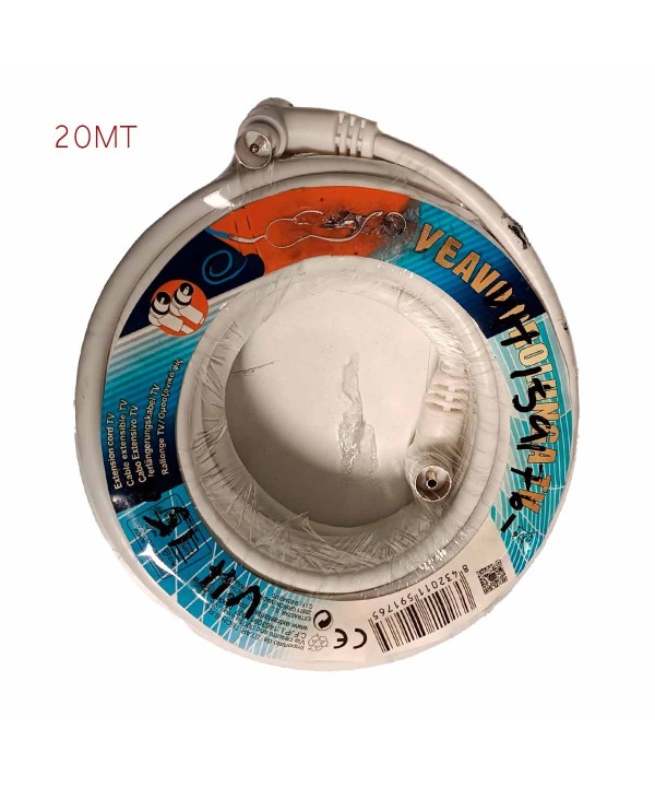Cavo Antenna TV Coassiale Maschio Femmina 20 metri Angolo Retto